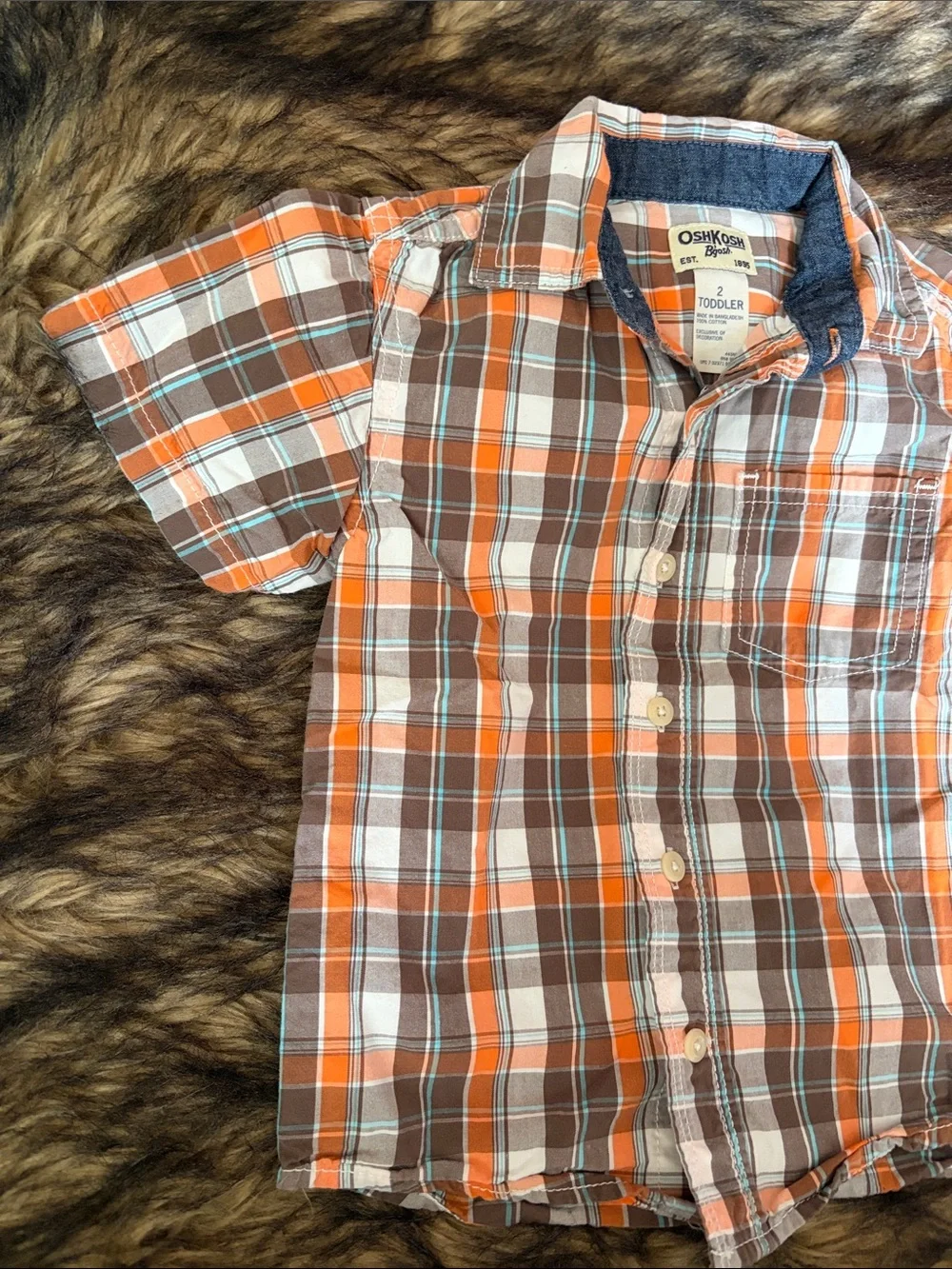 OshKosh B'gosh Orange, Brown & White Plaid Short-Sleeve Button-Up Size 2T